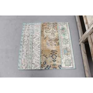 Tapis vintage 2,6x2,6 pieds, bleu brun camouflage, tapis turc en laine - Product Image 1