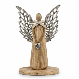 Figurine d'ange rustique en bois avec ailes en métal argenté et pendentif cœur, ornement de Noël pour table, décoration d'intérieur, centre de table - Product Image 1