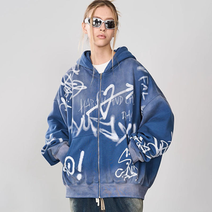 Street Wear Hip Hop Oversize Unisex Zip up Hoodie Custom Personable <b>Paint</b> Print Drop Shoulder Zipper Hoodie - Product Image 1