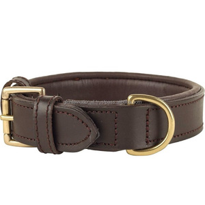 Collar de perro de cuero marrón hecho a mano con costuras duraderas y acolchado supersuave para mascotas medianas o grandes, hebilla de latón con rodillo y anillo en D - Product Image 3