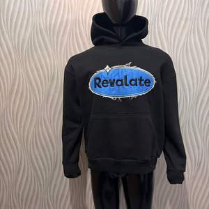 Sweats à capuche surdimensionnés de couleur noire sur mesure broderie de détresse patchs de couleur bleue 100% coton polaire ajustement américain personnalisé - Product Image 1