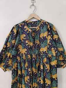 Robe en coton à imprimé léopard |   Robe midi bohème à imprimé à la main |   Vêtements d'été décontractés, robe en coton pour femmes - Product Image 2