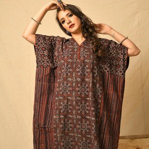 100% algodón indio estilo bohemio Kaftan vestido Ajrakh estampado motivos geométricos borla lavable modesto Casual terroso Midi Kaftan Suelto - Product Image 1