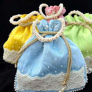 Exquisite Raw Silk Potli <b>Bags</b> with Hand Embroidery Fashion Style <b>for</b> <b>Weddings</b> and Parties Enhanced with Pearls and Glass Beads - Product Image 1