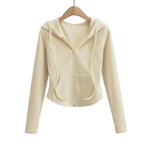 Manga larga Streetwear Bolsillos con capucha Sudadera Deportes Sudaderas con capucha de manga larga Mujer Otoño Cremallera delgada Abrigo recortado - Product Image 1