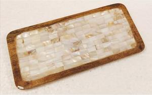 Plateau de service en bois fait main rayé avec incrustation d'os rectangulaire et incrustation de nacre Assiette à vaisselle minimaliste de luxe occidental - Product Image 2