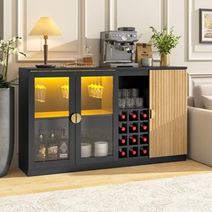 Buffet moderne noir en gros avec éclairage LED, portes en bois cannelé, casier à vin, et station de bar à café - Product Image 1
