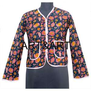 Chaqueta Acolchada con Estampado Floral 100% Algodón para Mujer, Cuello en V, Mangas Largas, Tejido de Punto Transpirable, Bolsillos con Botones, Multi-Temporada - Product Image 1