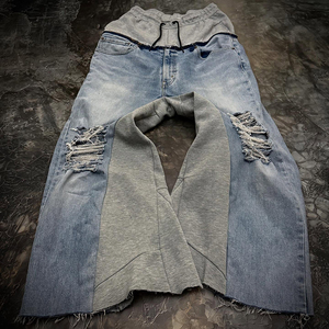 Fabricants en gros Lavage à l'acide personnalisé Ourlet effiloché Streetwear Hip Hop Baggy Patchwork pour hommes déchiré droit Design personnalisable - Product Image 5