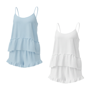 Ensemble pyjama d'été confortable pour femme, en tricot côtelé tissé, avec caraco à ourlet volanté et short, vente en gros, usine OEM - Product Image 1