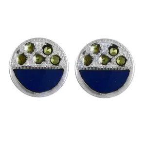 Trendy Religious Silver <b>Stud</b> <b>Earrings</b> with Blue Enamel & Green Stone Accents for Gift Made of Brass Copper Alloy - Product Image 1