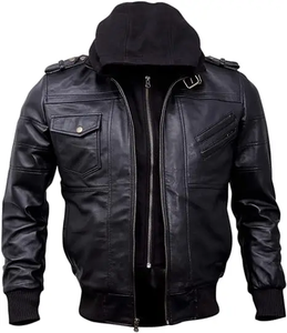 Chaquetas de cuero de bombardero con capucha negra auténtica para hombre de alta calidad Cuello alto elegante y diseños personalizados con capucha extraíble - Product Image 1