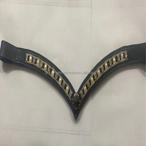 Banda de cejas de caballo de cuero de canal vacío en forma de V hecha a mano con perlas plateadas y cristales ostentosos en ambos lados y Escudo de metal - Product Image 2