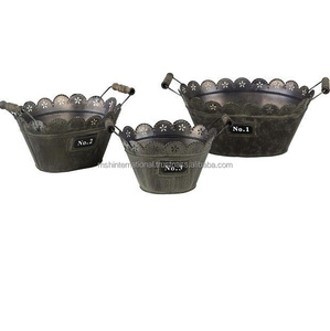 Cubo redondo de acero galvanizado, macetas de cubo de metal de estilo vintage con mango de madera para granja/distribuidor de macetas y jardineras - Product Image 6