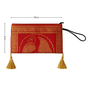 Handmade Red Banarasi Art Zipper Clutch Luxury Women's Leather <b>Bag</b> with Silk Lining Casual <b>Summer</b> Handbag - Product Image 2