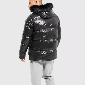 Blouson matelassé noir brillant de luxe pour homme, veste d'hiver chaude avec capuche en fausse fourrure amovible et poches utilitaires, blousons matelassés - Product Image 3