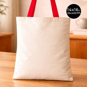 Natural Cotton Tote <b>Bag</b> Red Handles 14x16 <b>Medium</b> Size 12oz Eco-Friendly Reusable Blank <b>Bag</b> for Advertising Heat Transfer - Product Image 2