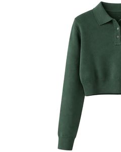 Pull Polo Court Vert Foncé Personnalisé pour Femme, Manches Longues, Tricot Doux, avec Patte de Boutonnage, Haut Décontracté Tendance Hiver - Product Image 3