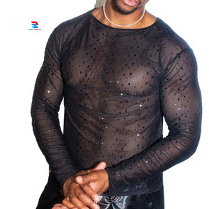 Custom Shiny Sheer <b>Mesh</b> Tee <b>Tops</b> Transparent Rhinestone Sexy <b>Mesh</b> T Shirts Men's Sheer <b>Mesh</b> <b>Long</b> <b>Sleeves</b> T-Shirt - Product Image 1