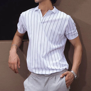 Camisa informal a rayas a la moda para hombre, diseño personalizado con cuello en V, ropa de calle de tela de secado rápido, polos de sublimación para hombre - Product Image 6