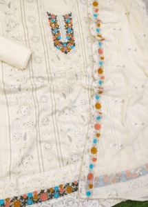 Foux Jorjet para mujer New Lakhnavi Warp Style Dress Tela de algodón con Santon Silk Bottom Dupatta Disponible como traje Salwar Gown - Product Image 2