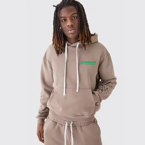 Ensemble de survêtement décontracté pour homme, beige, à capuche, manches longues, couleur unie, coupe ample, 2 pièces (sweat-shirt et pantalon) avec cordon de serrage - Product Image 3