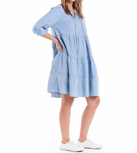 Casual Denim Gathered Tiered <b>Skirt</b> Women Dress Split V-Neck with Neckties Elbow-Length Sleeves with <b>Elastic</b> Cuff A-Line Solid - Product Image 5