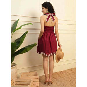 Robe courte en coton uni pour femme DEEBACO, sans manches, col halter, avec ceinture, style décontracté western pour l'été - Product Image 4