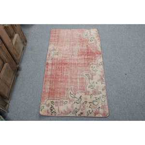 Vintage 2x3.6 ft Rug, Small Turkish Rug, <b>Red</b> White Plants & trees <b>Wool</b> Rug - Product Image 1