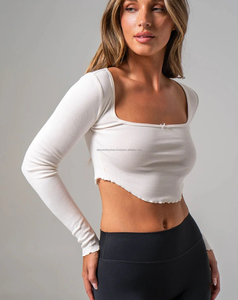 Women's Full Sleeve Crop Tank <b>Tops</b> Streetwear Jersey with Raw Hem 100% Cotton Fabric Breathable Square Neck Solid Color <b>Low</b> MOQ - Product Image 5
