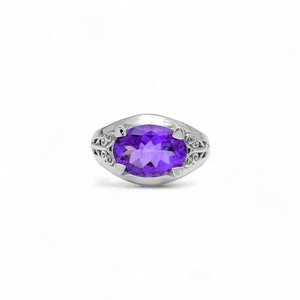 Bague de fiançailles pour mariage en argent 925 faite à la main pour homme Améthyste naturelle taille ovale classique, argent rhodié, cadeau d'anniversaire/fête - Product Image 1