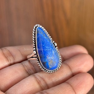 Bague fine en argent sterling 925 faite à la main, en forme de poire, avec lapis-lazuli, pour femmes, sertie de pierres, élégante, bijoux de mariage pour les fêtes - Product Image 1