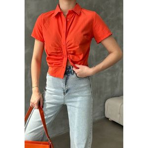 Blusa de Algodón con Pliegues Delanteros para Mujer Topshow, Color Naranja, Blusa Informal de Manga Larga para Uso Diario - Product Image 1