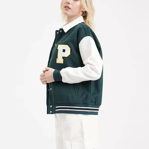 Custom Dark Green White Plaid Canvas Women's Varsity <b>Jacket</b> Windproof Eco-Friendly College Style Streetwear Outerwear - Product Image 3