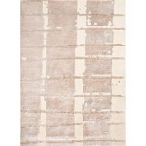 Alfombra Rectangular de Lana y Seda de Bambú Tejida a Mano, Color Beige Marrón, 10 mm de Grosor, Diseño Abstracto para Dormitorio, Modelo AIWB-3034 - Product Image 1