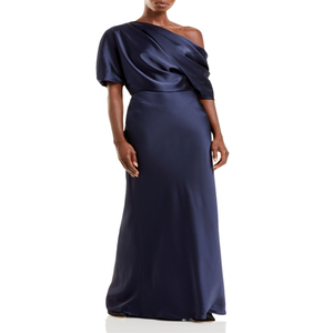 Amsale Abito da Sera Monospalla in Raso Blu Navy da Donna, Taglia 14, Lunghezza al Pavimento, con Decorazioni a Strati di Paillettes e Scollo a Barchetta, Colore Naturale - Product Image 1