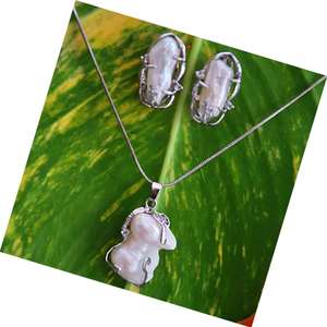 Conjunto de Joyería de Perlas de Agua Dulce con Forma Natural, Opciones en Blanco, Rosa y Otros Colores, con Cadena y Par de Aretes con Motivo de Concha Marina - Product Image 3