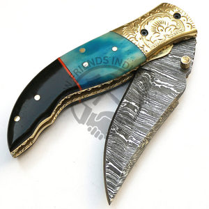 Acier Damas Multifonctionnel Survie En Plein Air Couteau De Poche Pliant Camel Os Buffalo Corne Poignée DIY Gravé Traversin Couleur - Product Image 4