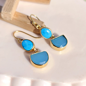 Pendientes de Turquesa Azul con Calcedonia, Doble Piedra, Chapados en Oro de 18k, Estilo Grueso, para Mujer, Venta al Por Mayor - Product Image 5