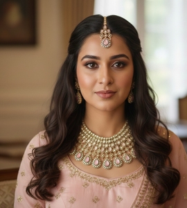 Conjunto de collar y aretes Kundan Blush Pearl Royale con maang tikka, hecho con piedras en forma de pera de color rosa pálido de primera calidad. - Product Image 2