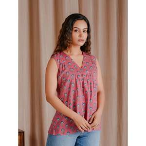 Top Corto de Algodón Transpirable Rosa con Estampado de Bloques Mulmul y Tejido Butti - Product Image 5