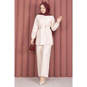 Conjunto de Dos Piezas para Mujer, Estampado Floral Beige, Pantalones Ajustables sin Cuello con Detalle de Broche, Corte Holgado para Verano - Product Image 4