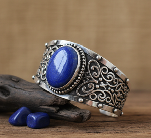 Rudra Gems Fabriqué À La Main Naturel Lapis Lazuli Cabochon Haute Qualité Tibétain Argent Perlé Bracelets 14K Or À La Mode Bracelets - Product Image 6