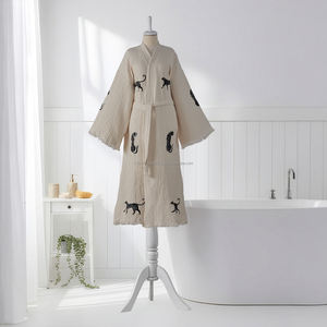 Bata de baño unisex de algodón de lujo con estampado de bloques, ligera, de lino tejido, transpirable, para primavera, verano y todo el año, ropa de dormir y de descanso. - Product Image 1