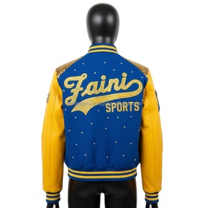 Chaqueta Universitaria para Mujer, Diseño de Paneles Azul y Amarillo, Mangas con Bordado Chenille Personalizado, Logotipo con Pedrería - Product Image 2