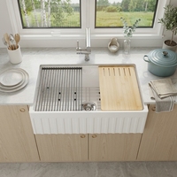 Évier de cuisine en porcelaine blanc de 33 pouces, à face frontale, à cuve unique, style ferme, cannelé, en argile réfractaire, grand évier à tablier