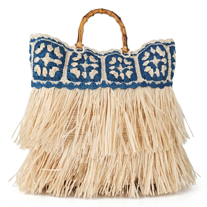 Hand Crochet Fringe Women Tote <b>Bag</b> Bamboo Handle <b>Large</b> Capacity Shoulder Crossbody <b>Bag</b> for <b>Beach</b> Travel - Product Image 1
