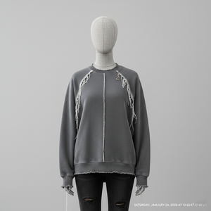 Custom Heavyweight Cotton Women's Winter Grunge Sweatshirt Anti-shrink <b>Raw</b> Edge External Seams Raglan Sleeve Distressed Frayed - Product Image 1