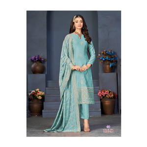 Vêtements ethniques de qualité supérieure Blooming Vichitra avec broderie Costume Salwar Kameez coupe droite du fournisseur indien - Product Image 1