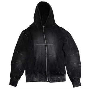 Sun Faded Vintage Design 100% algodón 320gsm Hombres Zip up Hoodies Custom Acid Wash Sudaderas con capucha desgastadas - Product Image 5